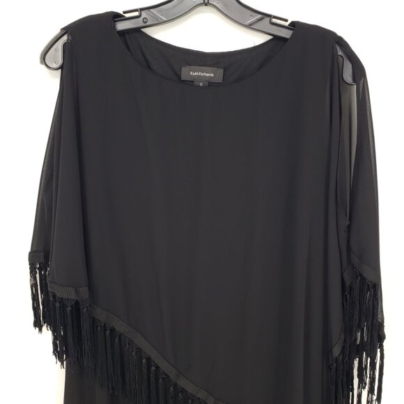 R&M Richards Cold Shoulder Cocktail Dress 12 Fringe Tassels Sheer Cape Black - Picture 5 of 11